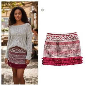 Soloiste Red Tapestry Fringed Aztec Boho Lined Mini Skirt